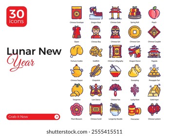 Set of 30 Lunar New Year Icons, Including Chinese Calligraphy, Dragon Boat, Dumplings, and More – Vector Illustrations