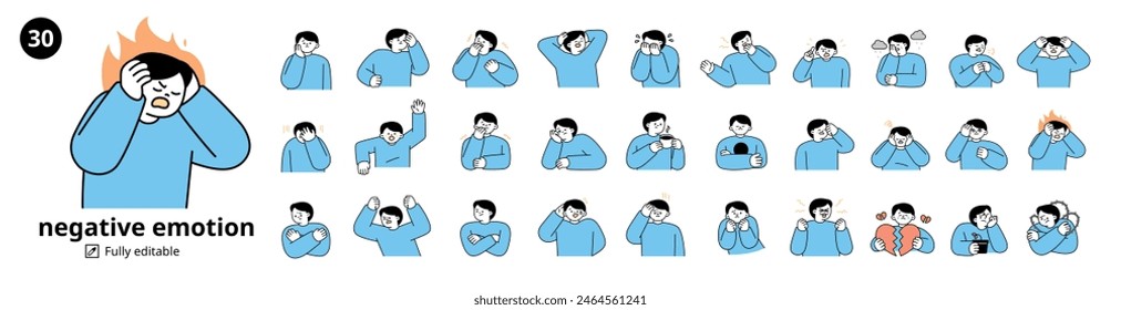 A set of 30 male characters expressing negative emotions. Simple illustration with outlines.