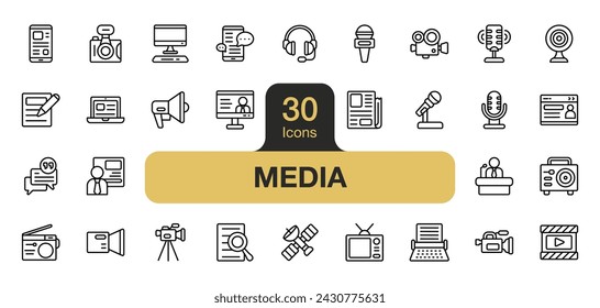 Satz von 30 Medien-Symbol-Element-Set. Beinhaltet Kamera, Radio, Aufnahme, Video, Nachrichten und mehr. Gliederungssymbole, Vektorsammlung.