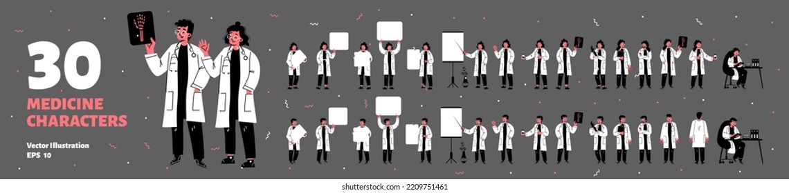 Conjunto de 30 personajes planos del personal médico aislados en fondo gris. Ilustración vectorial de hombres, mujeres doctoras que examinan imágenes de rayos X, trabajadores de laboratorio que realizan experimentos, profesores de medicina