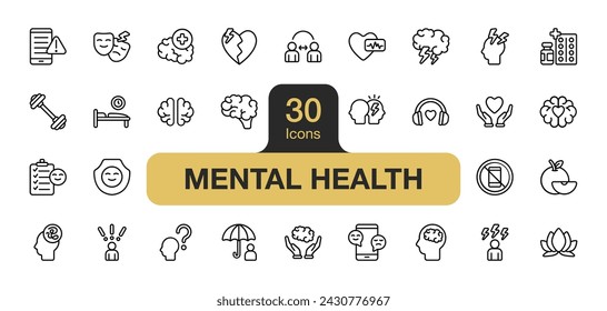 Conjunto de 30 elementos de icono de salud mental. Incluye rotura, pánico, protección, estrés, pensamiento y más. Colección de vectores de iconos de contorno.