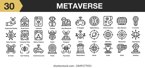 Conjunto de 30 iconos de metaverso. Incluye futuro, holograma, pistola, portal, robot, dron, edificio y más. Colección de Vector de iconos de esquema.