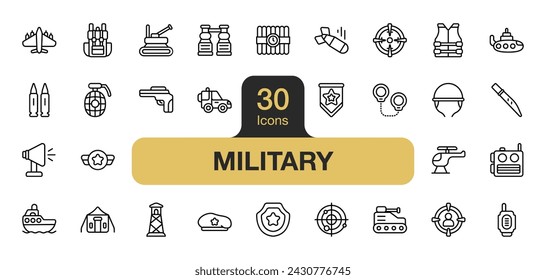 Conjunto de 30 elementos de icono militar. Incluye cuchillo, tanque, pistola, bomba, submarino, avión y más. Colección de vectores de iconos de contorno.