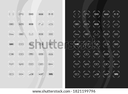 Set of 30 minimalist mobile technology  icons. Communications, social networks, calls, messaging, home, sound, camera, images and more. Light and dark color schemes. Modern 3:1 stylized proportion.