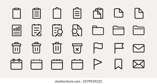 Set of 30 minimalist office icons. Includes folders, documents, and calendars. Simple line design for folders, and calendars. Office icons collection. User interface icons, UI icon vector set.