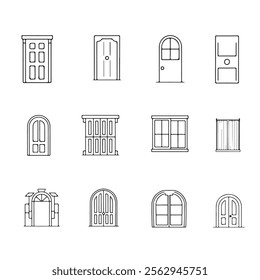 Set of 30 Minimalist Outline Icons of Various Door Types: Wooden, Sliding, Double-Panel, Arched Cathedral, with Detailed Knobs, Hinges and Keyholes – Scalable Editable Stroke Design