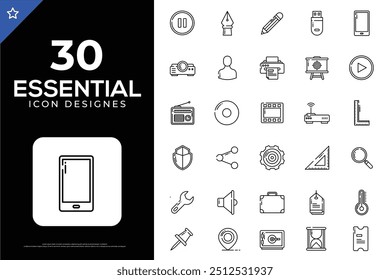 Set of 30 of minimalist and simple essential icons. Vector illustration. Suitable for Web Page, Mobile App, Web, Print. Editable stroke.