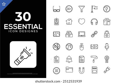 Conjunto de 30 iconos esenciales minimalistas y simples. Ilustración vectorial. Conveniente para la página del Web, App móvil, Web, impresión. Trazo editable.