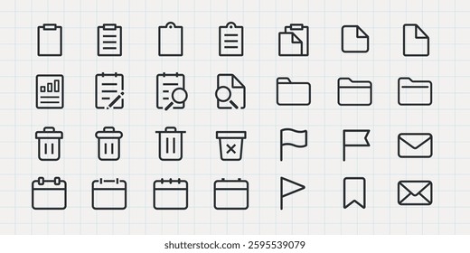 Set of 30 minimalistic office icons. Includes clipboard, folder, document, trash can, and flag icons. Perfect for office, document, and folder themes. User interface icons, UI icon vector set.