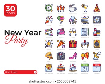 Set of 30 New Year's Party Icons, Including Celebration Horn, Confetti, Countdown Clock, and More – Vector Illustrations