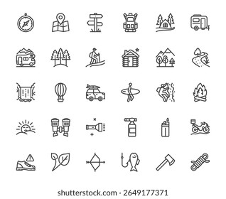 Set of 30 outdoor adventure line icons in minimal style. Includes camping, hiking, climbing, map, fishing, forest, mountains, and more. 48x48 pixel perfect icon editable stroke line