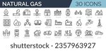 Set of 30 outline icons related to natural gas. Linear icon collection. Editable stroke. Vector illustration