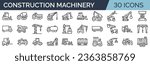 Set of 30 outline icons related to construction machinery. Linear icon collection. Editable stroke. Vector illustration