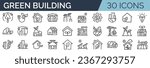 Set of 30 outline icons related to green building. Linear icon collection. Editable stroke. Vector illustration