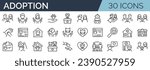 Set of 30 outline icons related to child and pet adoption. Linear icon collection. Editable stroke. Vector illustration