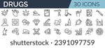 Set of 30 outline icons related to drugs, narcotics. Linear icon collection. Editable stroke. Vector illustration