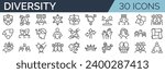 Set of 30 outline icons related to social media, social networks. Linear icon collection. Editable stroke. Vector illustration