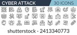 Set of 30 outline icons related to cyber attack. Linear icon collection. Editable stroke. Vector illustration