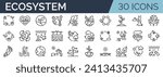 Set of 30 outline icons related to ecosystem. Linear icon collection. Editable stroke. Vector illustration