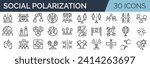 Set of 30 outline icons related to social polarization. Linear icon collection. Editable stroke. Vector illustration