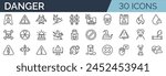 Set of 30 outline icons related to danger. Linear icon collection. Editable stroke. Vector illustration