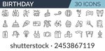 Set of 30 outline icons related to birthday. Linear icon collection. Editable stroke. Vector illustration