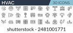 Set of 30 outline icons related to hvac. Linear icon collection. Editable stroke. Vector illustration