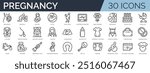 Set of 30 outline icons related to pregnancy. Linear icon collection. Editable stroke. Vector illustration