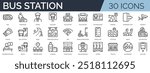 Set of 30 outline icons related to bus station. Linear icon collection. Editable stroke. Vector illustration
