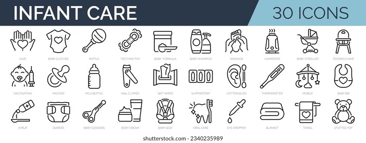 Set of 30 outline icons related to infant care, child care. Linear icon collection. Editable stroke. Vector illustration