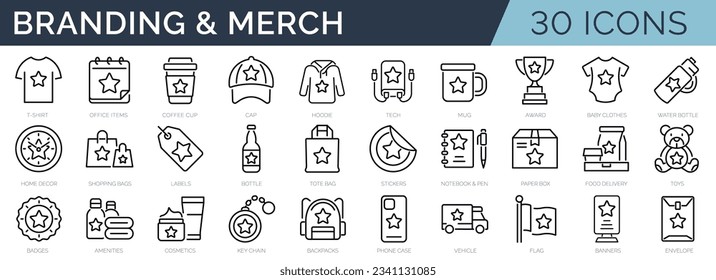 Set of 30 outline icons related to branding and merch. Linear icon collection. Editable stroke. Vector illustration