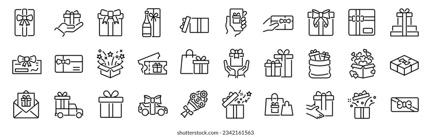 Set of 30 outline icons related to gifts, presents. Linear icon collection. Editable stroke. Vector illustration