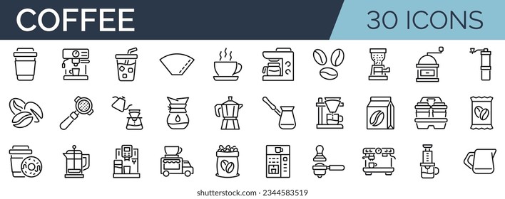 Conjunto de 30 iconos de contorno relacionados con el café. Colección de iconos lineales. Trazo editable. Ilustración del vector
