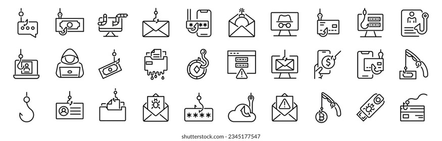 Set of 30 outline icons related to scam, phishing. Linear icon collection. Editable stroke. Vector illustration