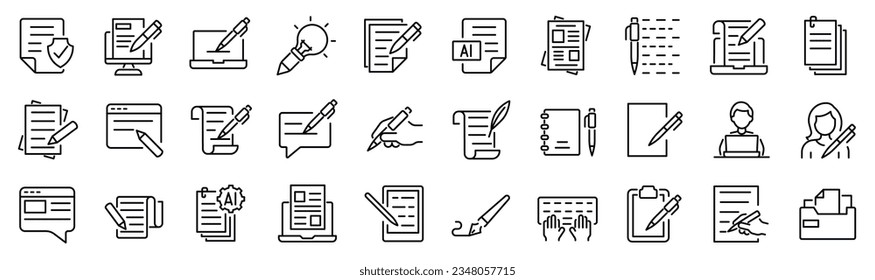 Set of 30 outline icons related to copywriting. Linear icon collection. Editable stroke. Vector illustration