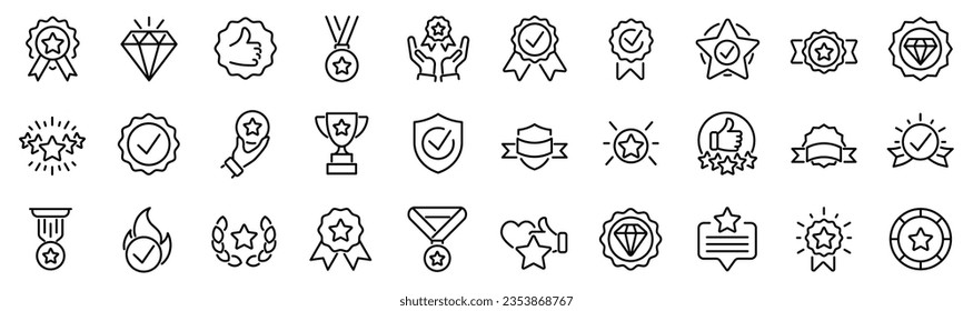 Set of 30 outline icons related to quality, badge, success. Linear icon collection. Editable stroke. Vector illustration
