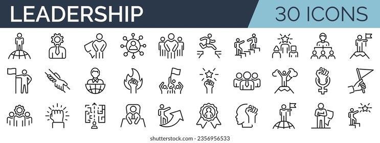 Set of 30 outline icons related to leadership, leader, expert, winner. Linear icon collection. Editable stroke. Vector illustration