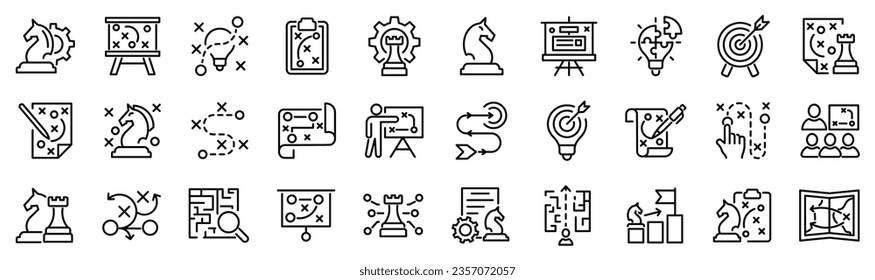 Set von 30 Skizzen, die sich auf Strategie, Plan, Taktik beziehen. Lineare Symbolsammlung. Bearbeitbarer Strich. Vektorgrafik