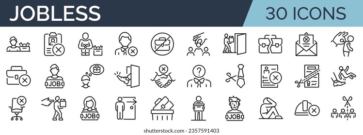 Conjunto de 30 iconos de esquema relacionados con desempleados, despidos, jubilaciones. Colección de iconos lineales. Trazo editable. Ilustración del vector