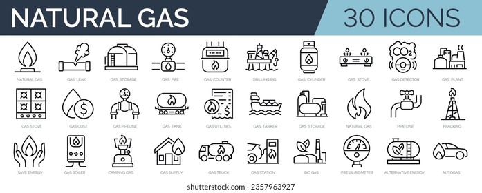Set of 30 outline icons related to natural gas. Linear icon collection. Editable stroke. Vector illustration