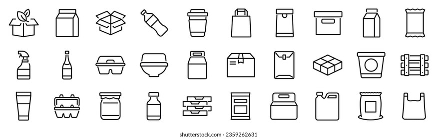 Set of 30 outline icons related to packages. Linear icon collection. Editable stroke. Vector illustration