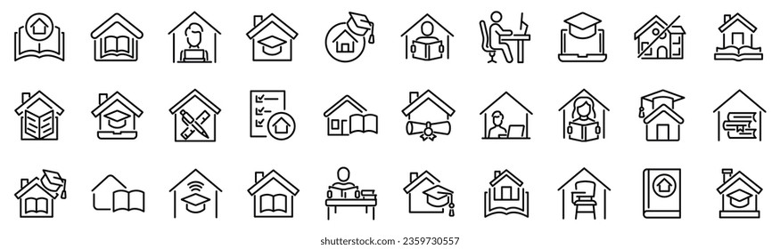 Set of 30 outline icons related to homeschooling, online education, remotely studying. Linear icon collection. Editable stroke. Vector illustration