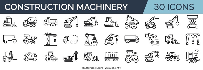 Set of 30 outline icons related to construction machinery. Linear icon collection. Editable stroke. Vector illustration