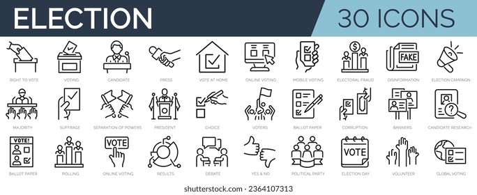 Set of 30 outline icons related to election, voting. Linear icon collection. Editable stroke. Vector illustration