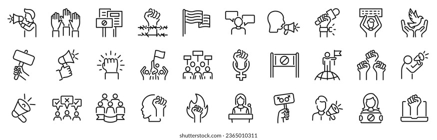 Set of 30 outline icons related to activism, protest. Linear icon collection. Editable stroke. Vector illustration svg