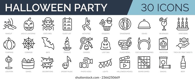 Set of 30 outline icons related to halloween party. Linear icon collection. Editable stroke. Vector illustration