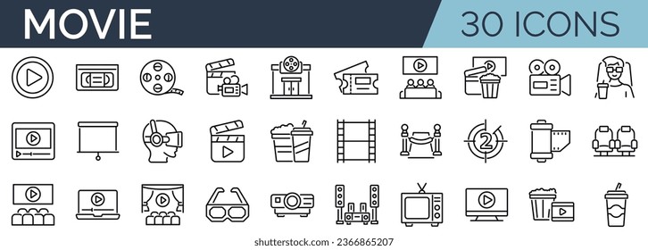 Conjunto de 30 iconos de contorno relacionados con películas, cine. Colección de iconos lineales. Trazo editable. Ilustración del vector