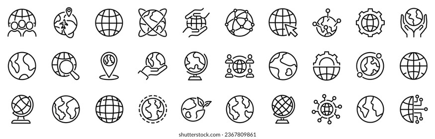 Set of 30 outline icons related to globe. Linear icon collection. Editable stroke. Vector illustration