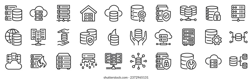 Set of 30 outline icons related servers, data base. Linear icon collection. Editable stroke. Vector illustration