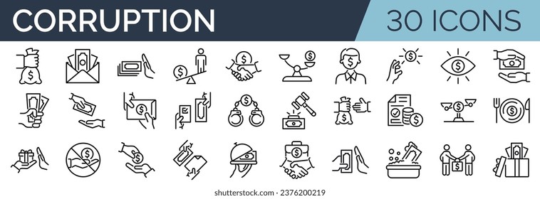 Set of 30 outline icons related to corruption. Linear icon collection. Editable stroke. Vector illustration svg
